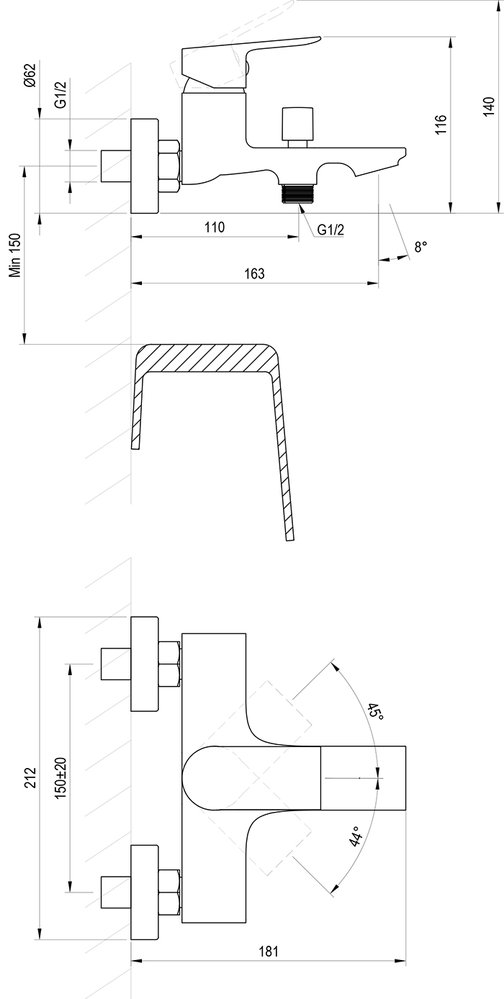 Смеситель для ванны настенный Plan PN 022.00