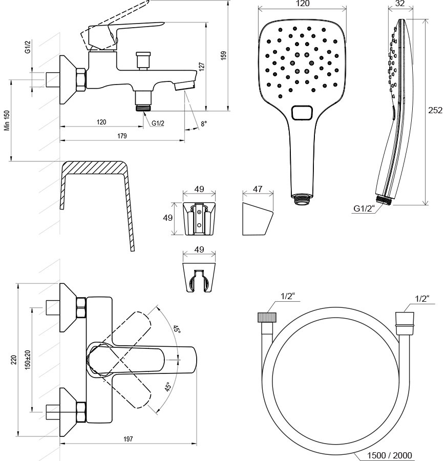 Настенный смеситель для ванны Life LF 022 с душевым набором