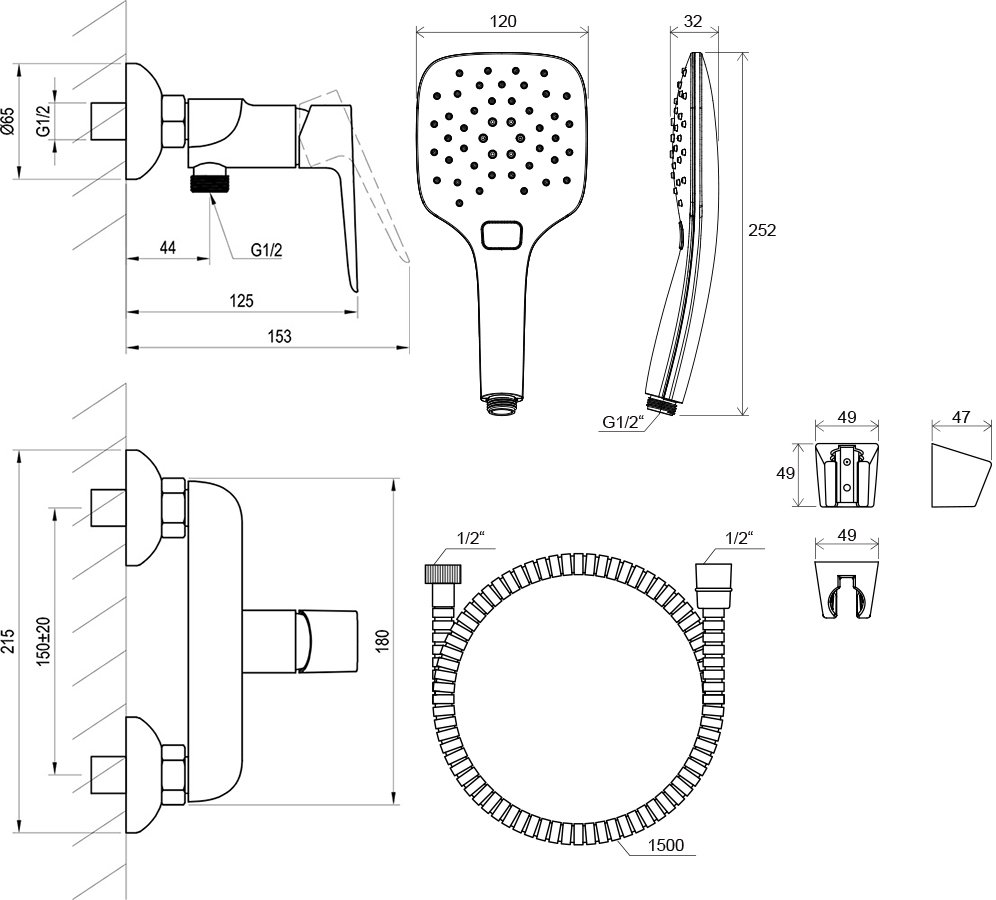 Душевой настенный смеситель Classic CL 032 с душевым наборо
