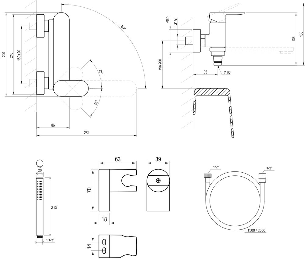 Настенный смеситель для ванны Chrome II CR 022 с душевым набором