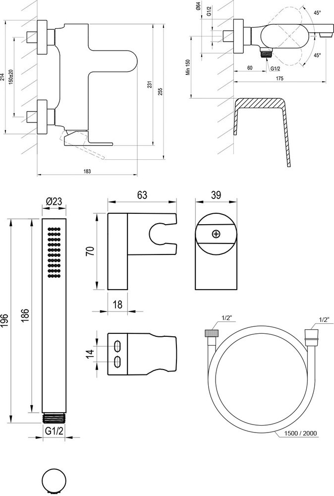 Настенный смеситель для ванны Eleganta EL 022 с душевым набором