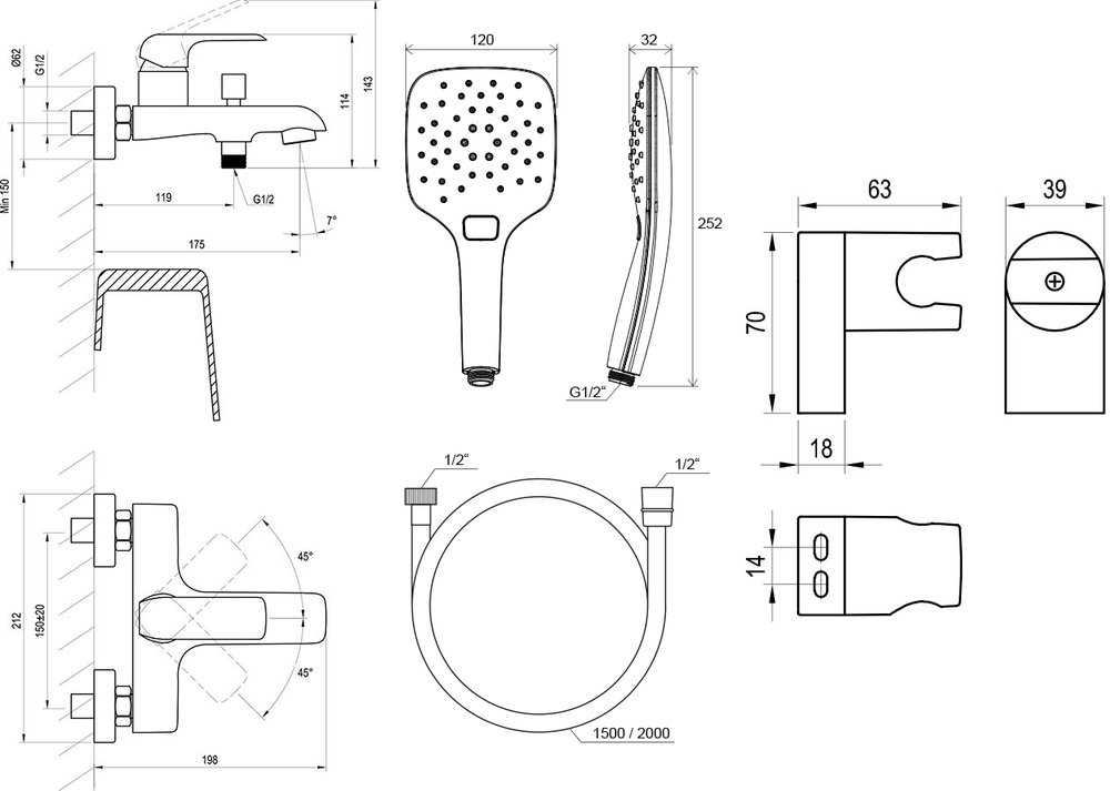 Настенный смеситель для ванны Flat FL 022 с душевым набором