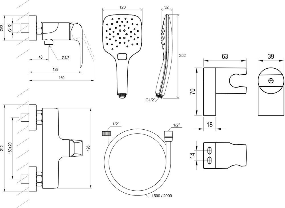Душевой настенный смеситель Flat FL 032 с душевым наборо