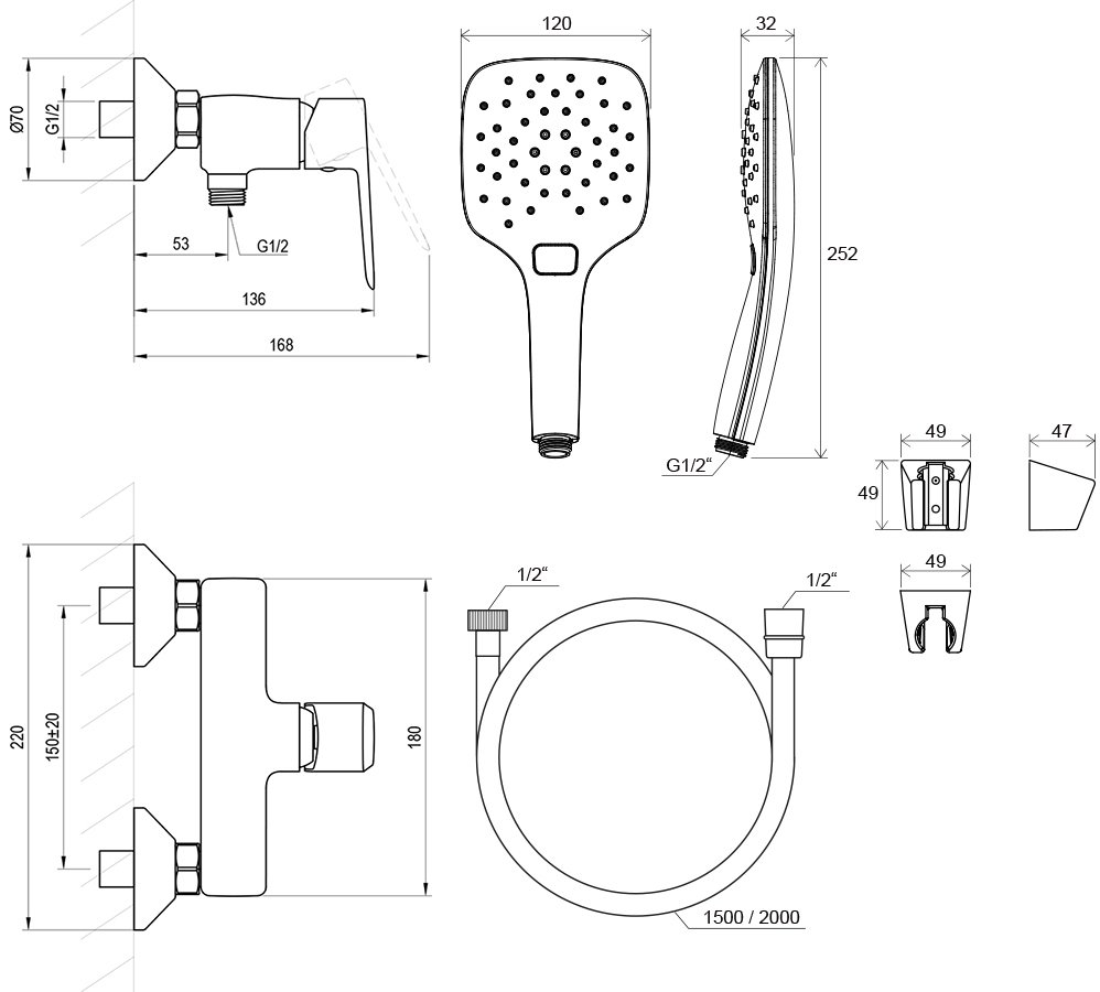 Душевой настенный смеситель Life LF 032 с душевым наборо