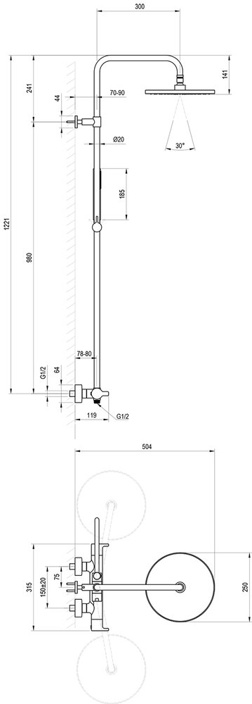 Душевая штанга TE 095, с термостатическим смесителем и лейкой